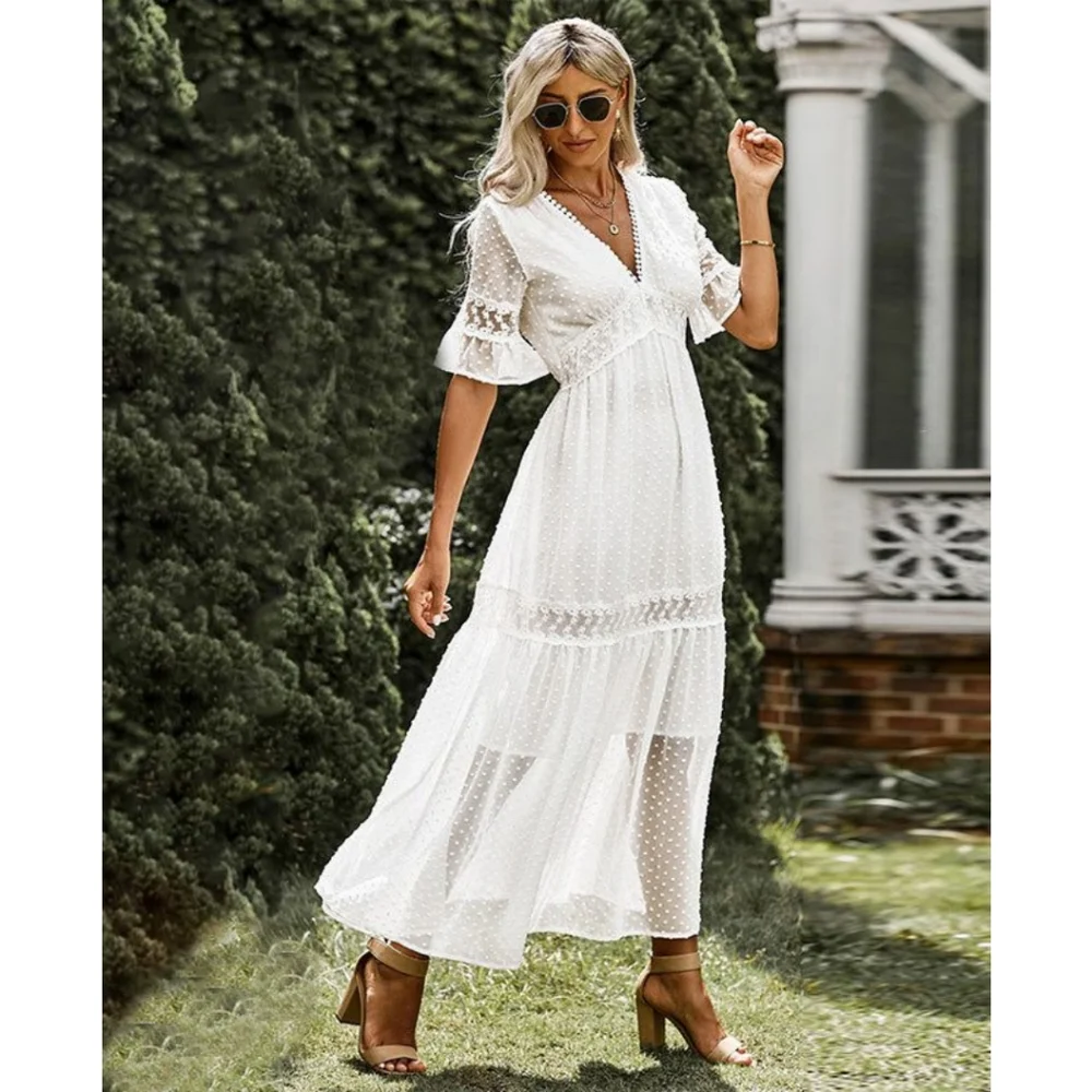 LAST ONE! Plus Size White Lace And Swiss Dot V-Neck Maxi Dress - Picture 1 of 4